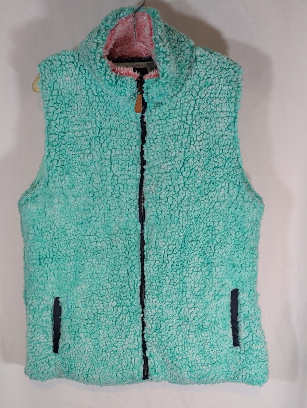Simply Southern Aqua Sherpa Zip Vest with Pink Lining